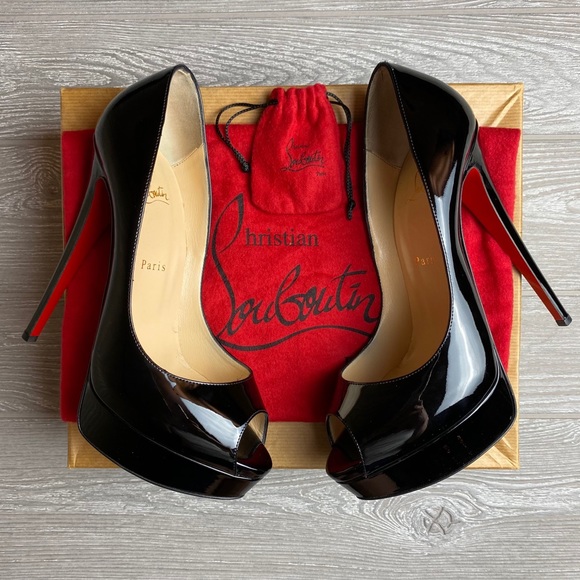 Christian Louboutin Shoes - Christian Louboutin Heels Black Patent Lady Peep Toe Pumps 10.5 Red Bottoms